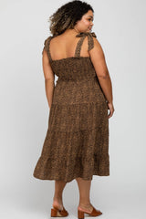 Brown Leopard Shoulder Tie Smocked Maternity Plus Midi Dress