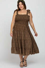 Brown Leopard Shoulder Tie Smocked Plus Midi Dress