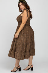 Brown Leopard Shoulder Tie Smocked Plus Midi Dress