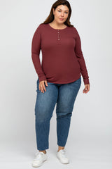 Burgundy Ribbed Button Front Long Sleeve Plus Top