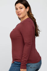 Burgundy Ribbed Button Front Long Sleeve Plus Top