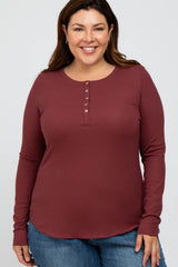 Burgundy Ribbed Button Front Long Sleeve Plus Top