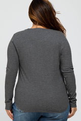 Charcoal Ribbed Button Front Long Sleeve Plus Top