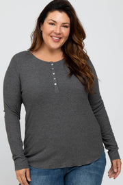 Charcoal Ribbed Button Front Long Sleeve Plus Top