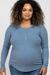 Blue Ribbed Button Front Long Sleeve Maternity Plus Top