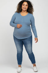 Blue Ribbed Button Front Long Sleeve Maternity Plus Top