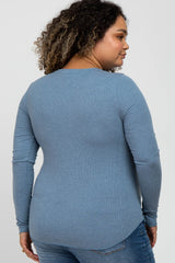 Blue Ribbed Button Front Long Sleeve Maternity Plus Top