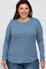 Blue Ribbed Button Front Long Sleeve Plus Top