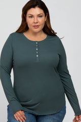 Teal Ribbed Button Front Long Sleeve Plus Top