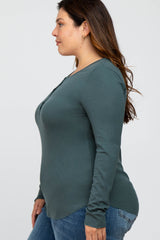 Teal Ribbed Button Front Long Sleeve Plus Top