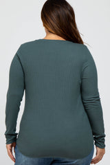 Teal Ribbed Button Front Long Sleeve Plus Top