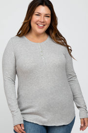 Heather Grey Ribbed Button Front Long Sleeve Plus Top