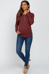 Burgundy Ribbed Button Front Long Sleeve Maternity Top