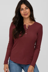 Burgundy Ribbed Button Front Long Sleeve Maternity Top