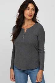 Charcoal Ribbed Button Front Long Sleeve Top