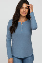 Blue Ribbed Button Front Long Sleeve Top