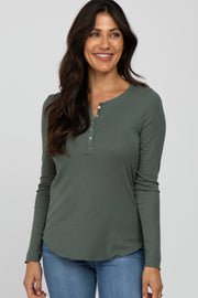 Green Ribbed Button Front Long Sleeve Top