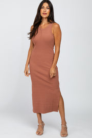 Mauve Ribbed Fitted Midi Dress