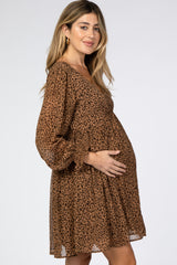 Taupe Leopard Print Chiffon Back Cutout Maternity Dress