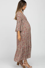 Taupe Floral Tiered Bell Sleeve Maternity Midi Dress