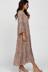 Taupe Floral Tiered Bell Sleeve Midi Dress