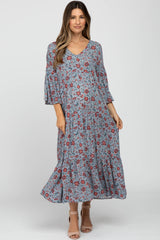 Grey Floral Tiered Bell Sleeve Maternity Midi Dress