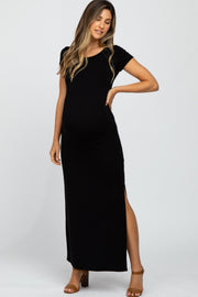 Black Short Sleeve Side Slit Maternity Maxi Dress