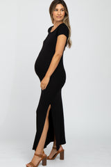 Black Short Sleeve Side Slit Maternity Maxi Dress