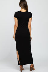 Black Short Sleeve Side Slit Maternity Maxi Dress