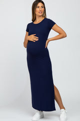 Navy Blue Short Sleeve Side Slit Maternity Maxi Dress