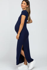 Navy Blue Short Sleeve Side Slit Maternity Maxi Dress