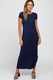 Navy Blue Short Sleeve Side Slit Maxi Dress