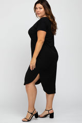 Black Short Cuffed Sleeve Hi-Low Plus Dress