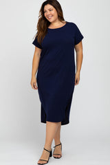 Navy Short Cuffed Sleeve Hi-Low Plus Dress