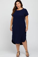 Navy Short Cuffed Sleeve Hi-Low Maternity Plus Dress