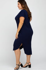 Navy Short Cuffed Sleeve Hi-Low Plus Dress