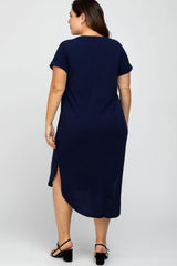 Navy Short Cuffed Sleeve Hi-Low Plus Dress