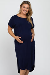 Navy Short Cuffed Sleeve Hi-Low Maternity Plus Dress