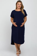 Navy Short Cuffed Sleeve Hi-Low Maternity Plus Dress