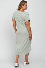 Light Olive Short Cuffed Sleeve Hi-Low Maternity Plus Dress