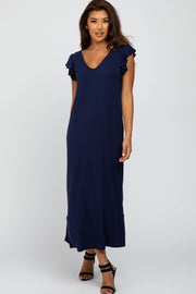 Navy Ruffle Sleeve Side Slit Maxi Dress