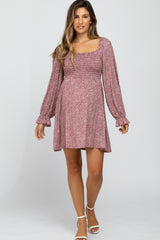 Plum Floral Smocked Peasant Sleeve Maternity Dress