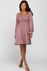 Plum Floral Smocked Peasant Sleeve Maternity Dress