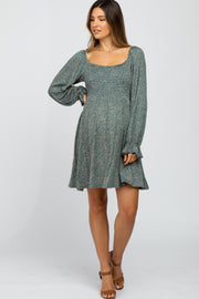 Teal Floral Smocked Peasant Sleeve Maternity Dress