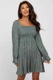 Teal Floral Smocked Peasant Sleeve Dress