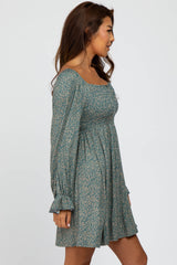 Teal Floral Smocked Peasant Sleeve Dress