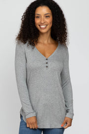 Heather Grey Button Accent Long Sleeve Top