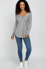 Heather Grey Button Accent Long Sleeve Top