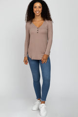 Mocha Button Accent Long Sleeve Top