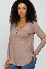 Mocha Button Accent Long Sleeve Maternity Top